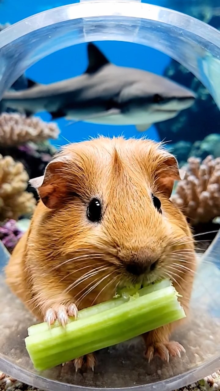 788. Realistic scene of 3 smooth-haired Californian guinea pigs with Chocolate, Cinnamon, and Gray fur, grooming each other in a lush meadow with scattered wildflowers and a babbling brook, under golden sunlight, enhancing the authentic, social atmosphere.