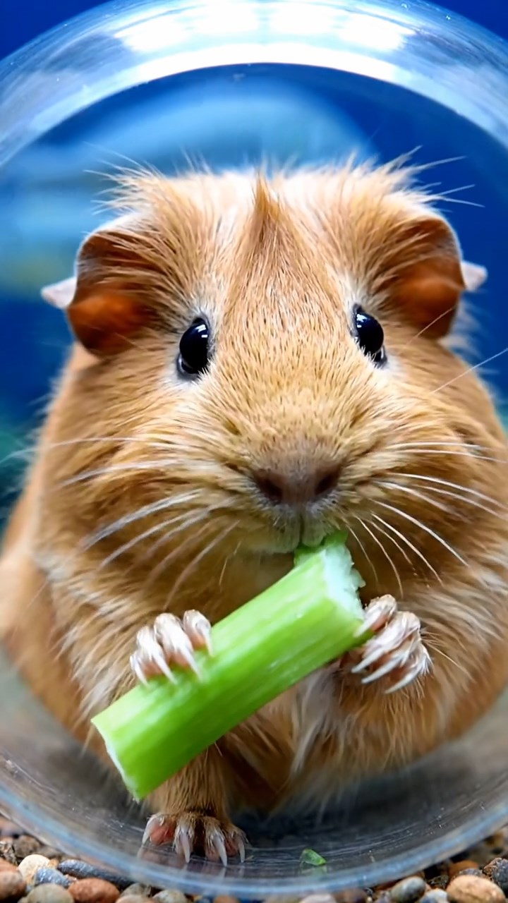 788. Realistic scene of 3 smooth-haired Californian guinea pigs with Chocolate, Cinnamon, and Gray fur, grooming each other in a lush meadow with scattered wildflowers and a babbling brook, under golden sunlight, enhancing the authentic, social atmosphere.