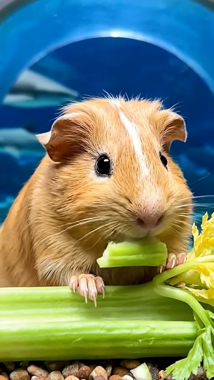788. Realistic scene of 3 smooth-haired Californian guinea pigs with Chocolate, Cinnamon, and Gray fur, grooming each other in a lush meadow with scattered wildflowers and a babbling brook, under golden sunlight, enhancing the authentic, social atmosphere.