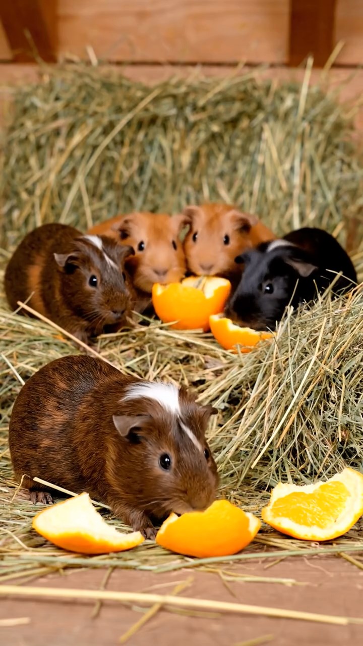 789. Detailed photo of 4 smooth-haired American guinea pigs with White, Orange, Black, and Brown fur, dressed as doctors in tiny white coats, consulting charts in a guinea pig hospital with miniature beds and medical charts, under bright lights, creating a vivid, lifelike medical scene.