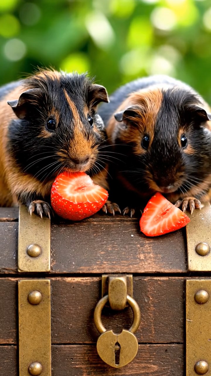 791. Highly detailed view of 1 smooth-haired Himalayan guinea pig with White fur, munching on bell peppers, in a vibrant vegetable garden with rows of tomatoes and lettuce, under bright sunlight, creating a realistic, colorful rural scene.