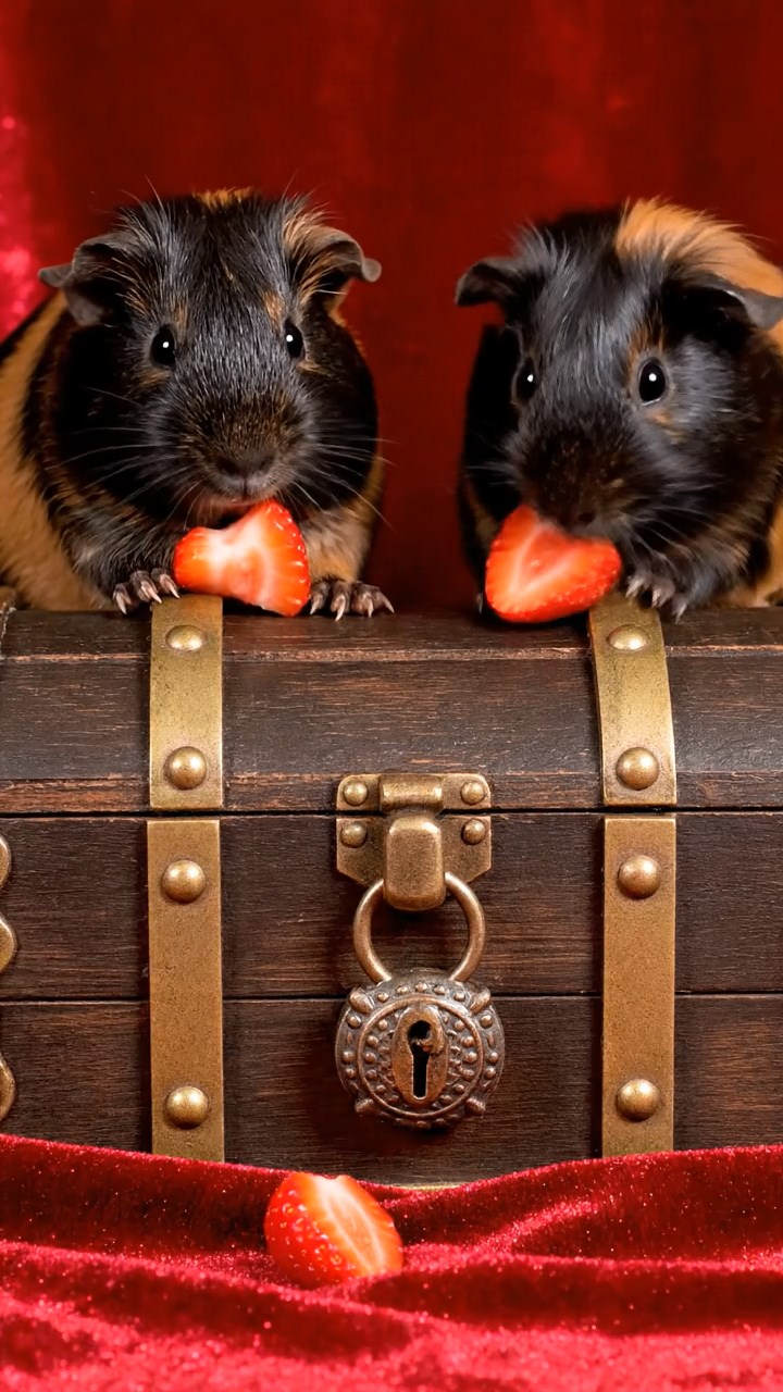 791. Highly detailed view of 1 smooth-haired Himalayan guinea pig with White fur, munching on bell peppers, in a vibrant vegetable garden with rows of tomatoes and lettuce, under bright sunlight, creating a realistic, colorful rural scene.