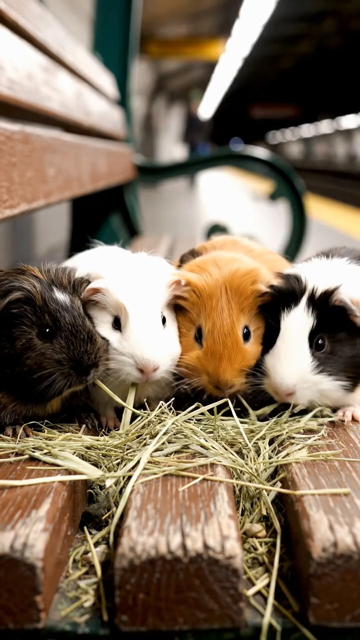 794. Photorealistic scene of 4 smooth-haired Teddy guinea pigs with Fawn, Chocolate, Cinnamon, and Sable fur, dressed as librarians in tiny glasses, cataloging miniature books in a guinea pig library with hay shelves and soft lamplight, capturing a realistic, cozy moment.