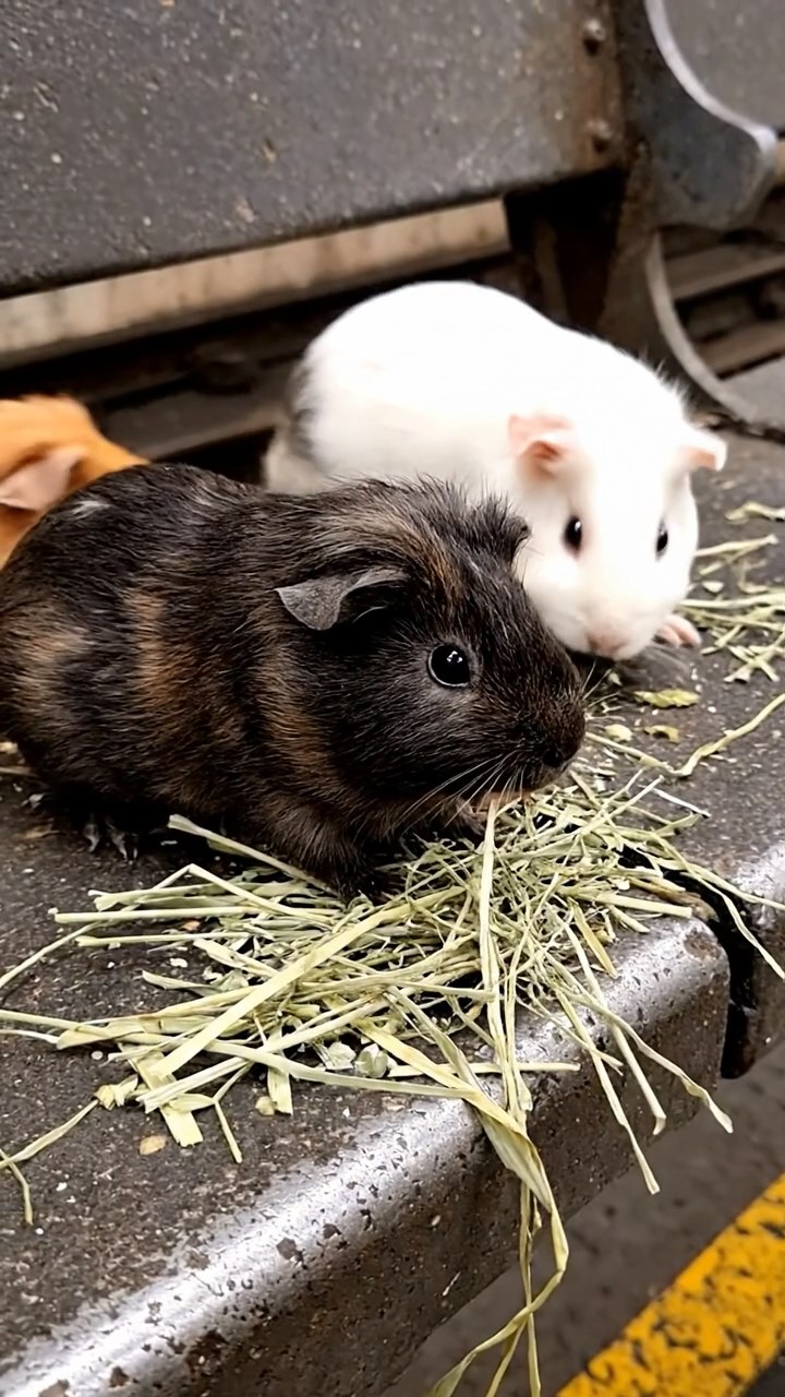 794. Photorealistic scene of 4 smooth-haired Teddy guinea pigs with Fawn, Chocolate, Cinnamon, and Sable fur, dressed as librarians in tiny glasses, cataloging miniature books in a guinea pig library with hay shelves and soft lamplight, capturing a realistic, cozy moment.