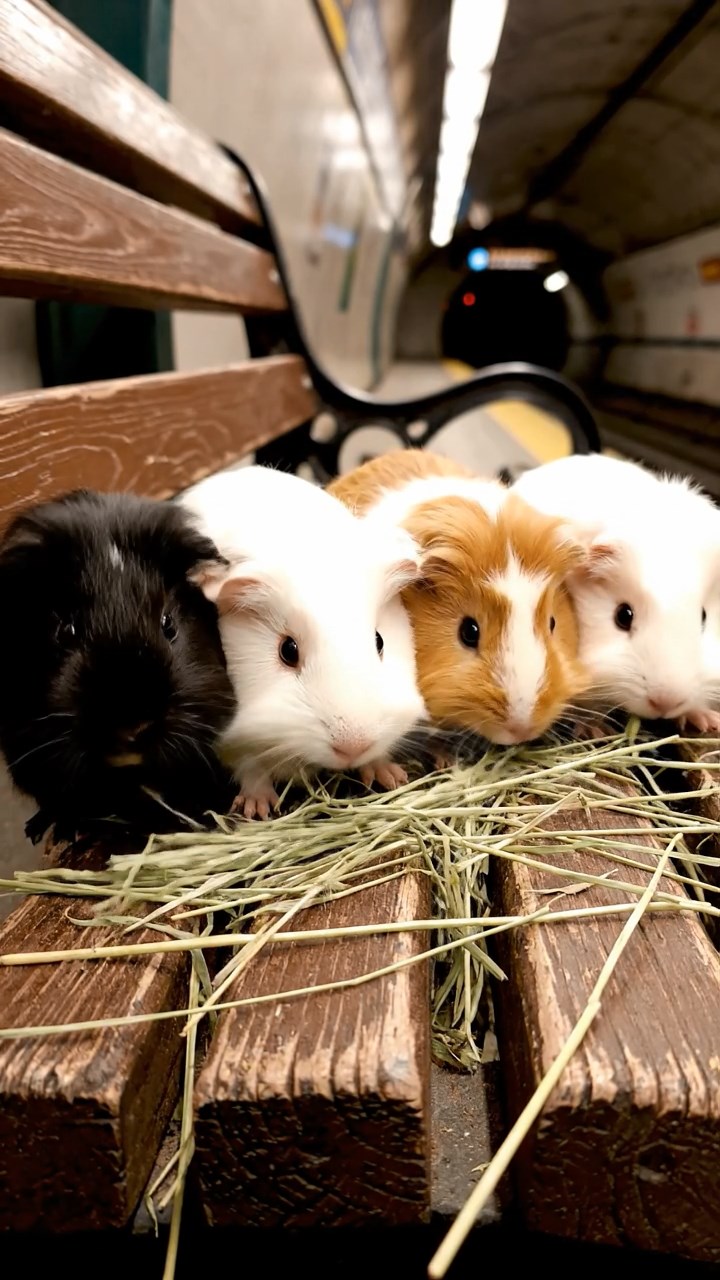 794. Photorealistic scene of 4 smooth-haired Teddy guinea pigs with Fawn, Chocolate, Cinnamon, and Sable fur, dressed as librarians in tiny glasses, cataloging miniature books in a guinea pig library with hay shelves and soft lamplight, capturing a realistic, cozy moment.