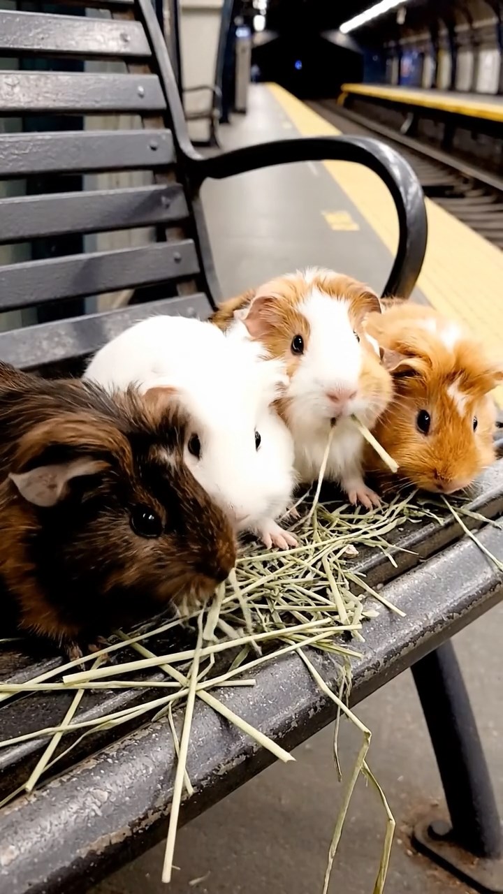 794. Photorealistic scene of 4 smooth-haired Teddy guinea pigs with Fawn, Chocolate, Cinnamon, and Sable fur, dressed as librarians in tiny glasses, cataloging miniature books in a guinea pig library with hay shelves and soft lamplight, capturing a realistic, cozy moment.