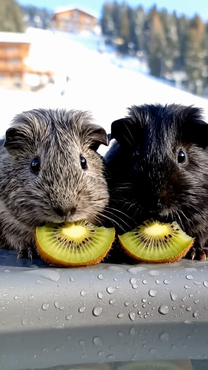 795. Highly detailed view of 5 smooth-haired Himalayan guinea pigs with White, Orange, Gray, Black, and Brown fur, foraging for wild herbs in a lush meadow with wildflowers and a babbling brook, under soft morning light, creating a realistic, serene pastoral scene.