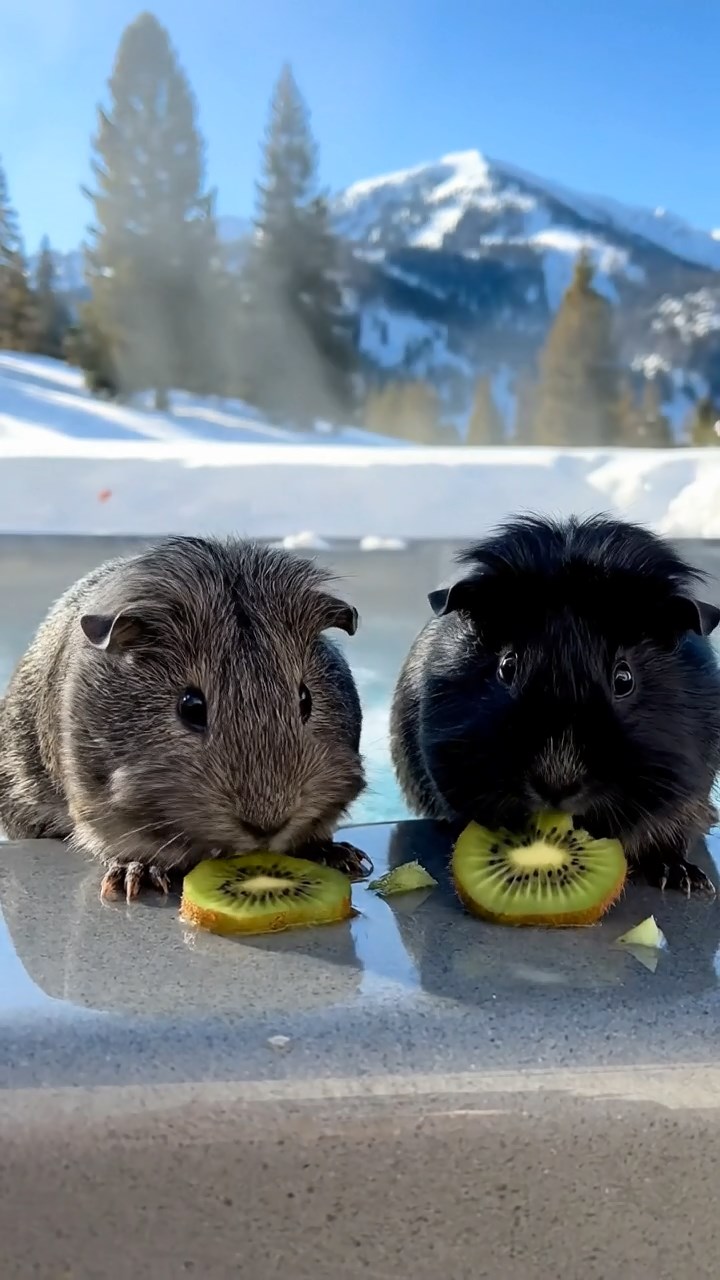 795. Highly detailed view of 5 smooth-haired Himalayan guinea pigs with White, Orange, Gray, Black, and Brown fur, foraging for wild herbs in a lush meadow with wildflowers and a babbling brook, under soft morning light, creating a realistic, serene pastoral scene.