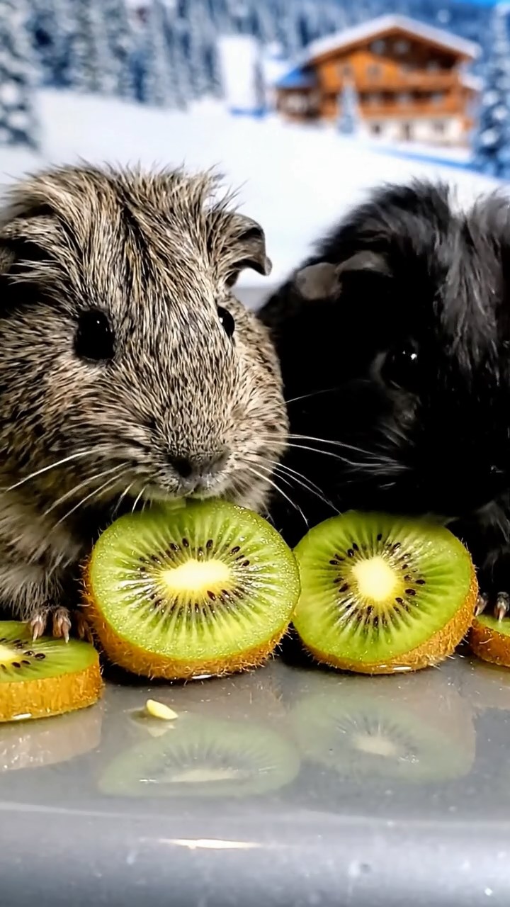 795. Highly detailed view of 5 smooth-haired Himalayan guinea pigs with White, Orange, Gray, Black, and Brown fur, foraging for wild herbs in a lush meadow with wildflowers and a babbling brook, under soft morning light, creating a realistic, serene pastoral scene.