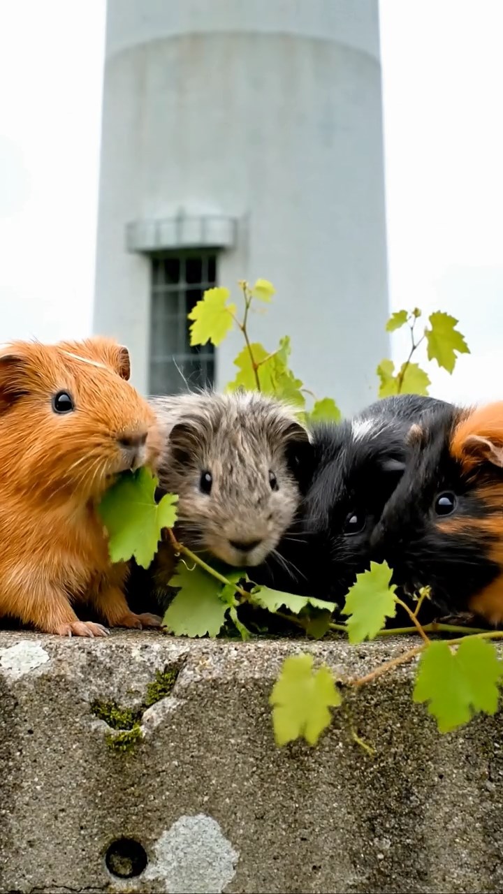799. Highly detailed view of 4 smooth-haired Himalayan guinea pigs with White, Orange, Black, and Brown fur, dressed as writers in tiny scarves, drafting poems in a guinea pig study with miniature books and hay desks, under warm lamplight, creating a vivid, realistic literary scene.