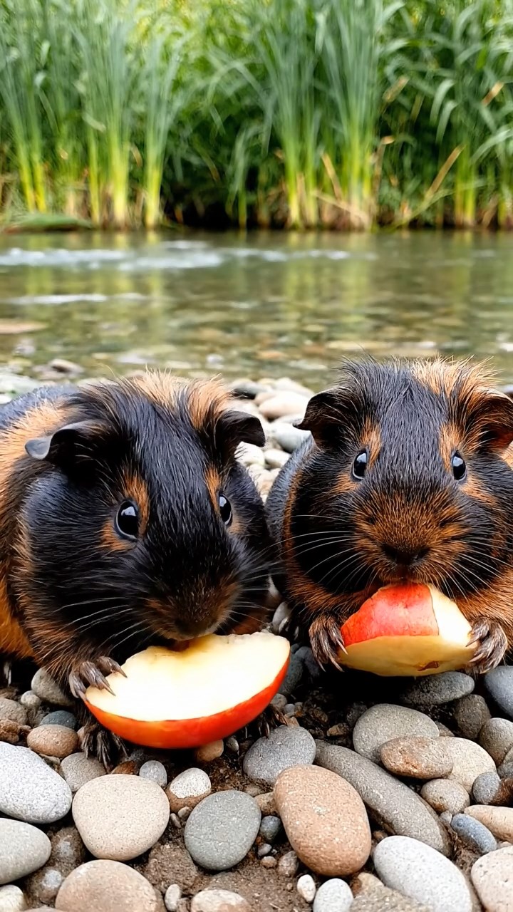 802. Photorealistic scene of 2 smooth-haired Teddy guinea pigs with Orange and Black fur, dressed as artists in tiny smocks, painting landscapes on miniature easels in a guinea pig studio with hay floors and colorful paints, under soft daylight, capturing a vivid, lifelike creative moment.