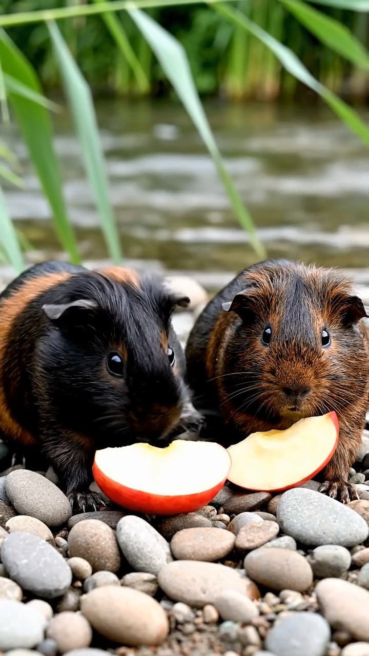 802. Photorealistic scene of 2 smooth-haired Teddy guinea pigs with Orange and Black fur, dressed as artists in tiny smocks, painting landscapes on miniature easels in a guinea pig studio with hay floors and colorful paints, under soft daylight, capturing a vivid, lifelike creative moment.