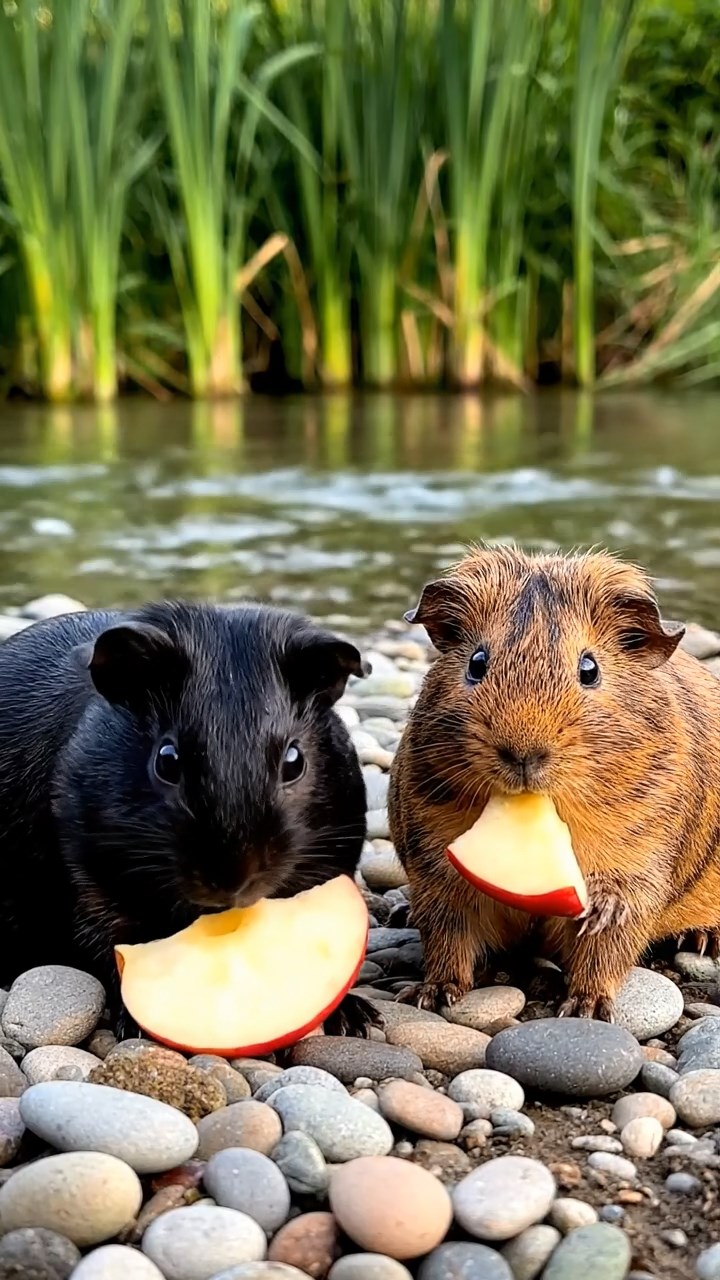 802. Photorealistic scene of 2 smooth-haired Teddy guinea pigs with Orange and Black fur, dressed as artists in tiny smocks, painting landscapes on miniature easels in a guinea pig studio with hay floors and colorful paints, under soft daylight, capturing a vivid, lifelike creative moment.