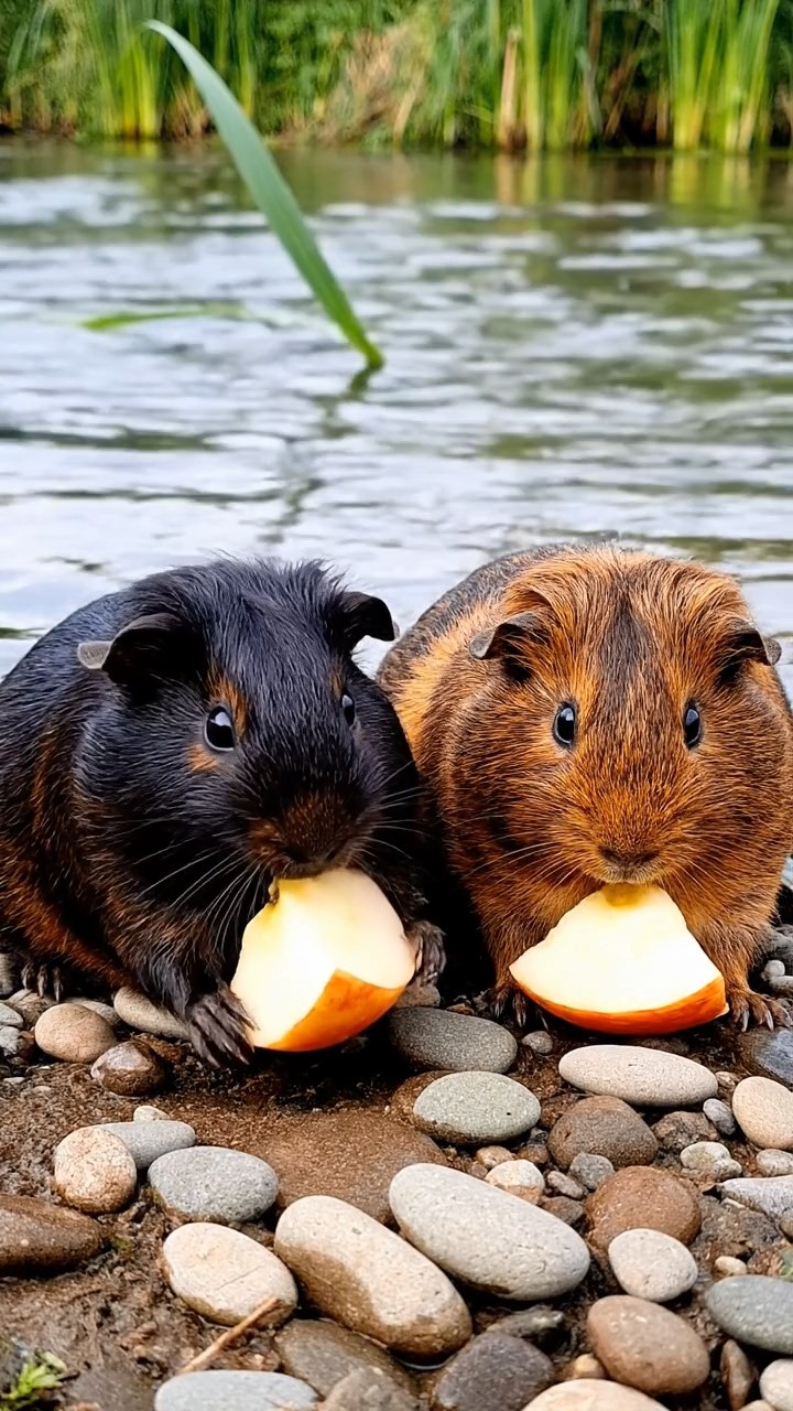 802. Photorealistic scene of 2 smooth-haired Teddy guinea pigs with Orange and Black fur, dressed as artists in tiny smocks, painting landscapes on miniature easels in a guinea pig studio with hay floors and colorful paints, under soft daylight, capturing a vivid, lifelike creative moment.