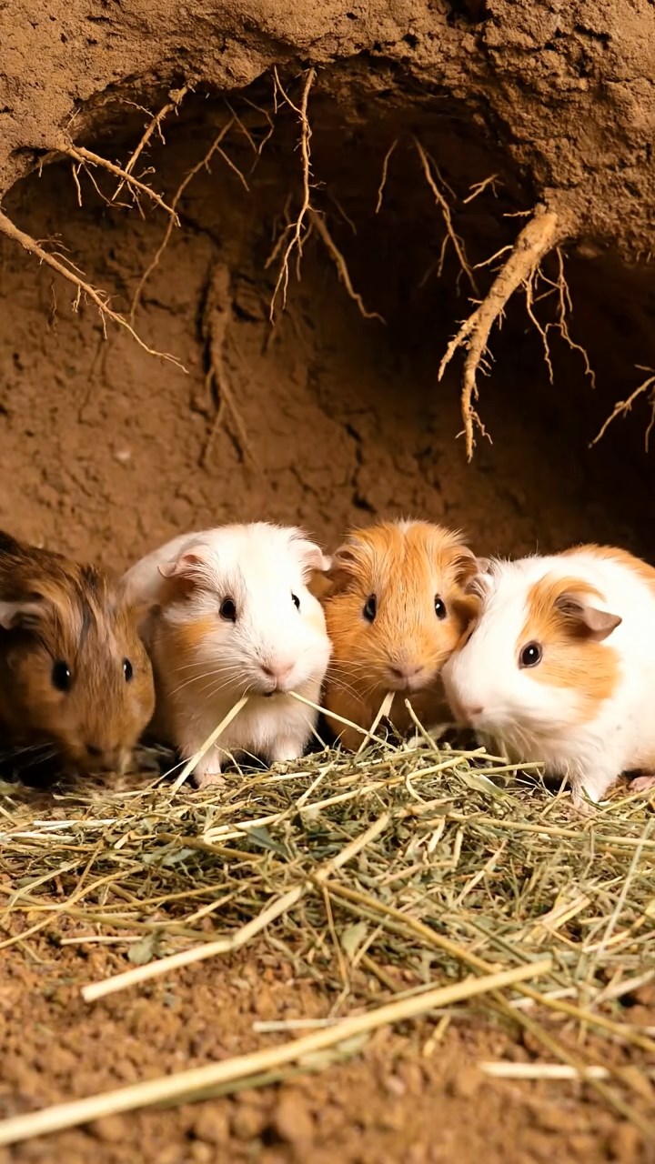 803. Highly detailed view of 3 smooth-haired Himalayan guinea pigs with Gray, Cream, and Brown fur, chasing each other playfully in a grassy meadow with wildflowers and scattered pebbles, under soft morning light, creating a realistic, joyful scene of natural interaction.