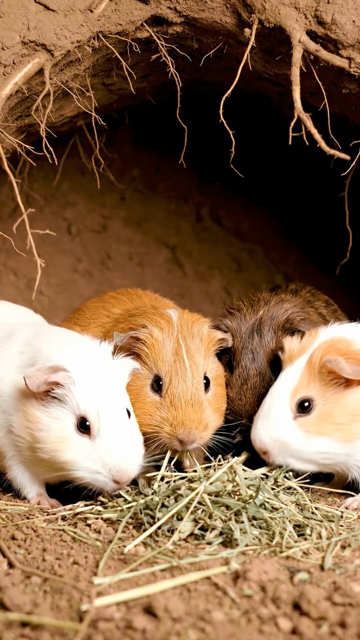 803. Highly detailed view of 3 smooth-haired Himalayan guinea pigs with Gray, Cream, and Brown fur, chasing each other playfully in a grassy meadow with wildflowers and scattered pebbles, under soft morning light, creating a realistic, joyful scene of natural interaction.