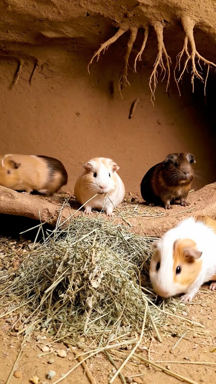 803. Highly detailed view of 3 smooth-haired Himalayan guinea pigs with Gray, Cream, and Brown fur, chasing each other playfully in a grassy meadow with wildflowers and scattered pebbles, under soft morning light, creating a realistic, joyful scene of natural interaction.