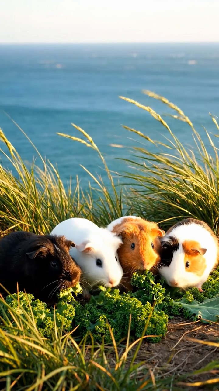 805. Detailed photo of 5 smooth-haired American guinea pigs with White, Orange, Gray, Black, and Brown fur, hiding in tall grass in a lush savanna with distant acacia trees, under a golden sunset, creating a vivid, realistic scene of natural camouflage.