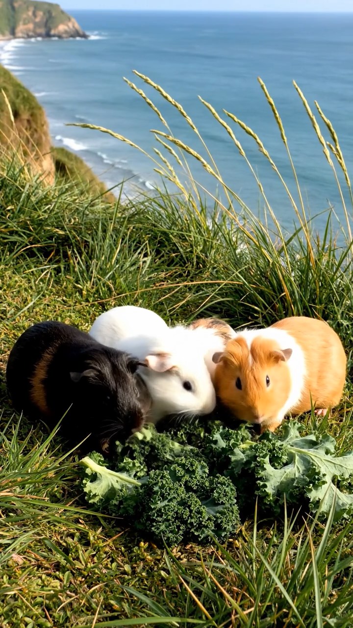 805. Detailed photo of 5 smooth-haired American guinea pigs with White, Orange, Gray, Black, and Brown fur, hiding in tall grass in a lush savanna with distant acacia trees, under a golden sunset, creating a vivid, realistic scene of natural camouflage.