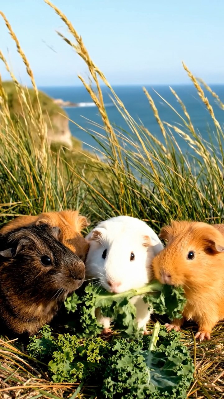 805. Detailed photo of 5 smooth-haired American guinea pigs with White, Orange, Gray, Black, and Brown fur, hiding in tall grass in a lush savanna with distant acacia trees, under a golden sunset, creating a vivid, realistic scene of natural camouflage.