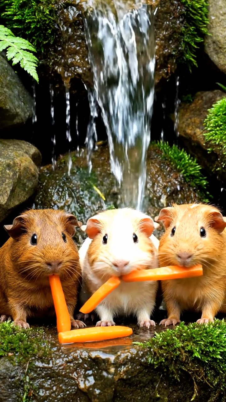 807. Highly detailed view of 2 smooth-haired Himalayan guinea pigs with Fawn and Sable fur, dressed as baristas in tiny aprons, brewing miniature coffees in a guinea pig café with hay tables and wooden counters, under warm lamplight, creating a realistic, cozy scene.