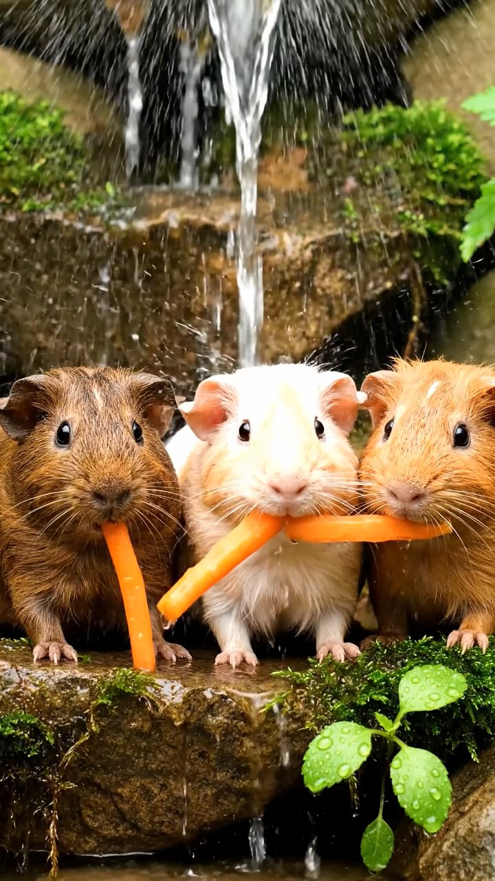 807. Highly detailed view of 2 smooth-haired Himalayan guinea pigs with Fawn and Sable fur, dressed as baristas in tiny aprons, brewing miniature coffees in a guinea pig café with hay tables and wooden counters, under warm lamplight, creating a realistic, cozy scene.