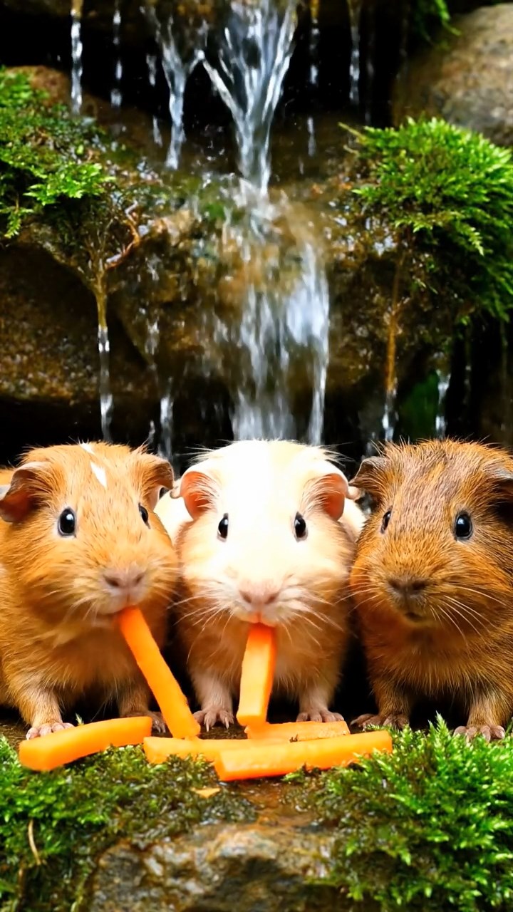 807. Highly detailed view of 2 smooth-haired Himalayan guinea pigs with Fawn and Sable fur, dressed as baristas in tiny aprons, brewing miniature coffees in a guinea pig café with hay tables and wooden counters, under warm lamplight, creating a realistic, cozy scene.