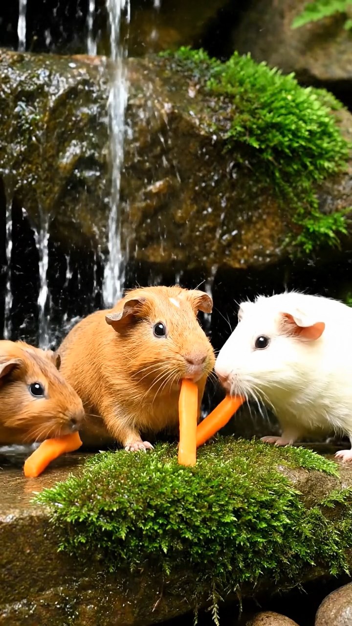 807. Highly detailed view of 2 smooth-haired Himalayan guinea pigs with Fawn and Sable fur, dressed as baristas in tiny aprons, brewing miniature coffees in a guinea pig café with hay tables and wooden counters, under warm lamplight, creating a realistic, cozy scene.