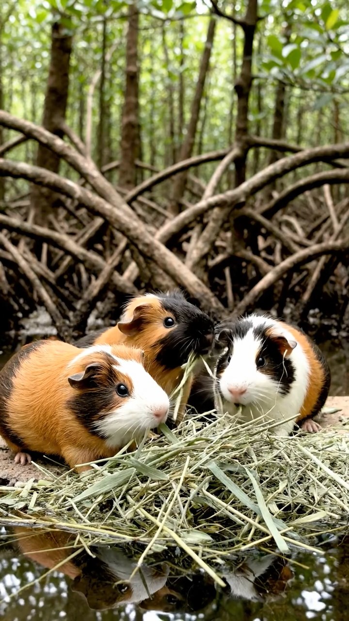 809. Detailed photo of 4 smooth-haired American guinea pigs with White, Orange, Black, and Brown fur, dressed as carpenters in tiny tool belts, crafting miniature furniture in a guinea pig workshop with hay shavings and wooden tools, under bright daylight, creating a vivid, realistic industrious scene.