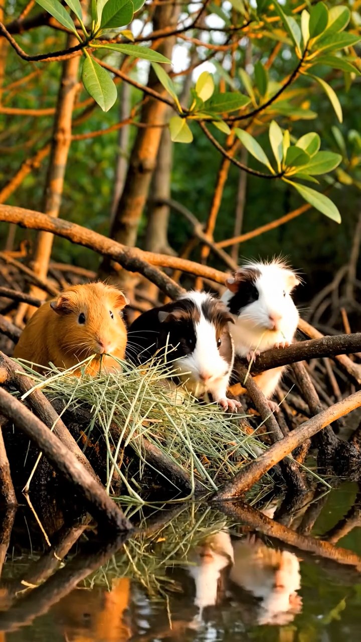 809. Detailed photo of 4 smooth-haired American guinea pigs with White, Orange, Black, and Brown fur, dressed as carpenters in tiny tool belts, crafting miniature furniture in a guinea pig workshop with hay shavings and wooden tools, under bright daylight, creating a vivid, realistic industrious scene.