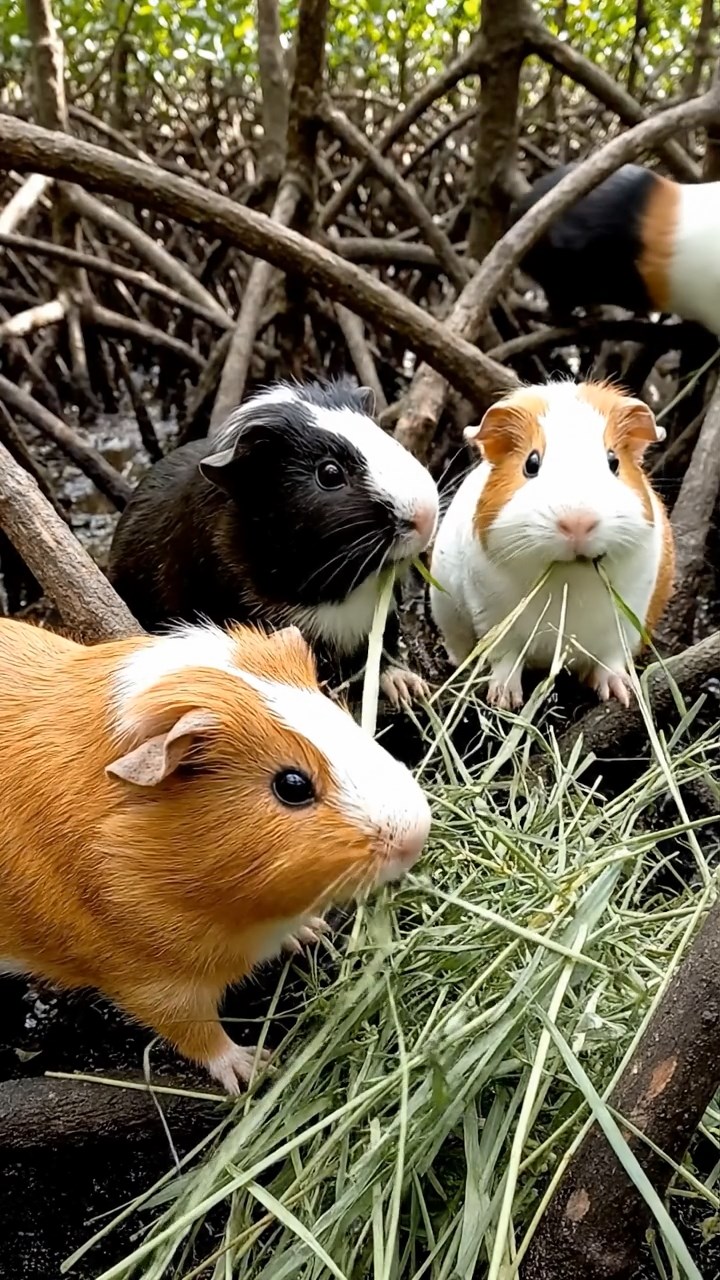809. Detailed photo of 4 smooth-haired American guinea pigs with White, Orange, Black, and Brown fur, dressed as carpenters in tiny tool belts, crafting miniature furniture in a guinea pig workshop with hay shavings and wooden tools, under bright daylight, creating a vivid, realistic industrious scene.