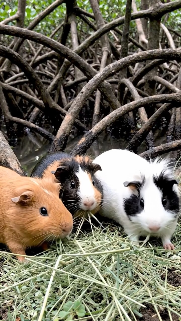 809. Detailed photo of 4 smooth-haired American guinea pigs with White, Orange, Black, and Brown fur, dressed as carpenters in tiny tool belts, crafting miniature furniture in a guinea pig workshop with hay shavings and wooden tools, under bright daylight, creating a vivid, realistic industrious scene.