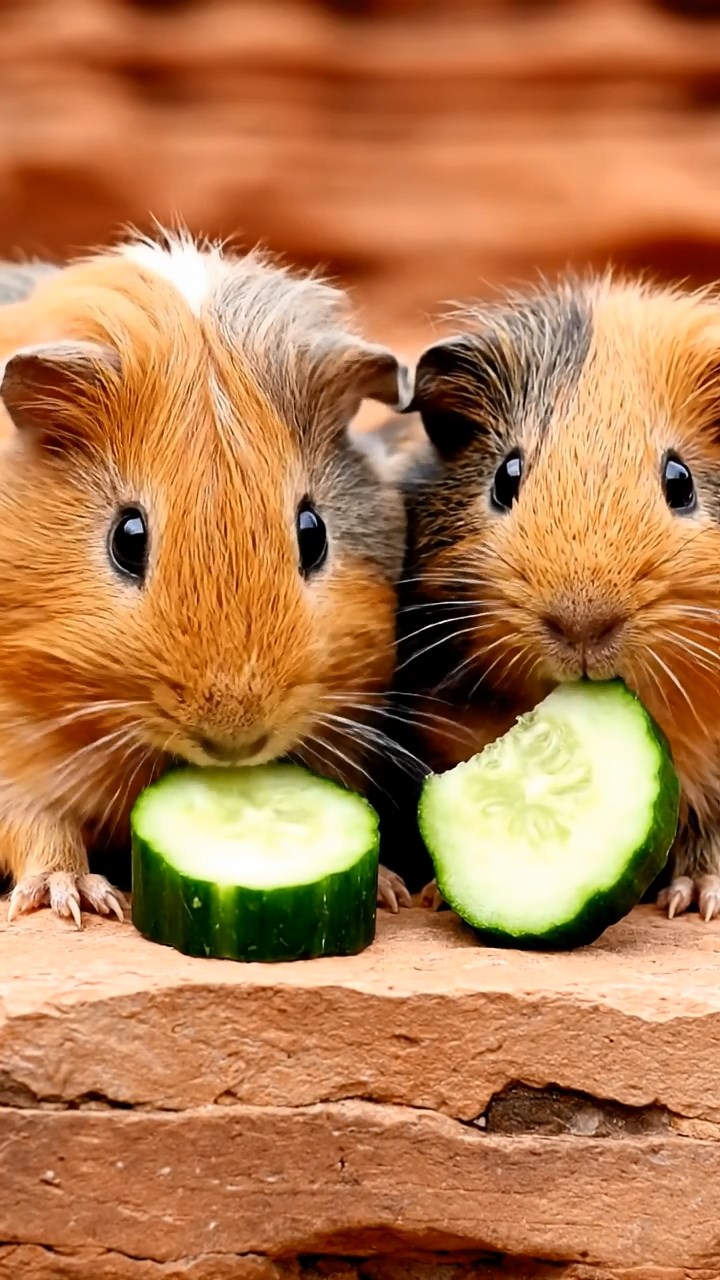 810. Photorealistic scene of 5 smooth-haired Teddy guinea pigs with Cream, Fawn, Sable, Gray, and Cinnamon fur, chewing plants in a lush meadow with wildflowers and a trickling stream, under soft morning light, capturing a realistic, serene pastoral moment.