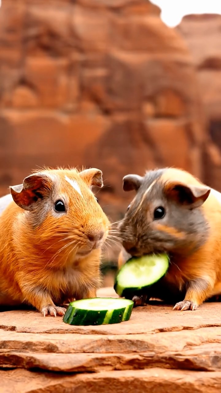 810. Photorealistic scene of 5 smooth-haired Teddy guinea pigs with Cream, Fawn, Sable, Gray, and Cinnamon fur, chewing plants in a lush meadow with wildflowers and a trickling stream, under soft morning light, capturing a realistic, serene pastoral moment.