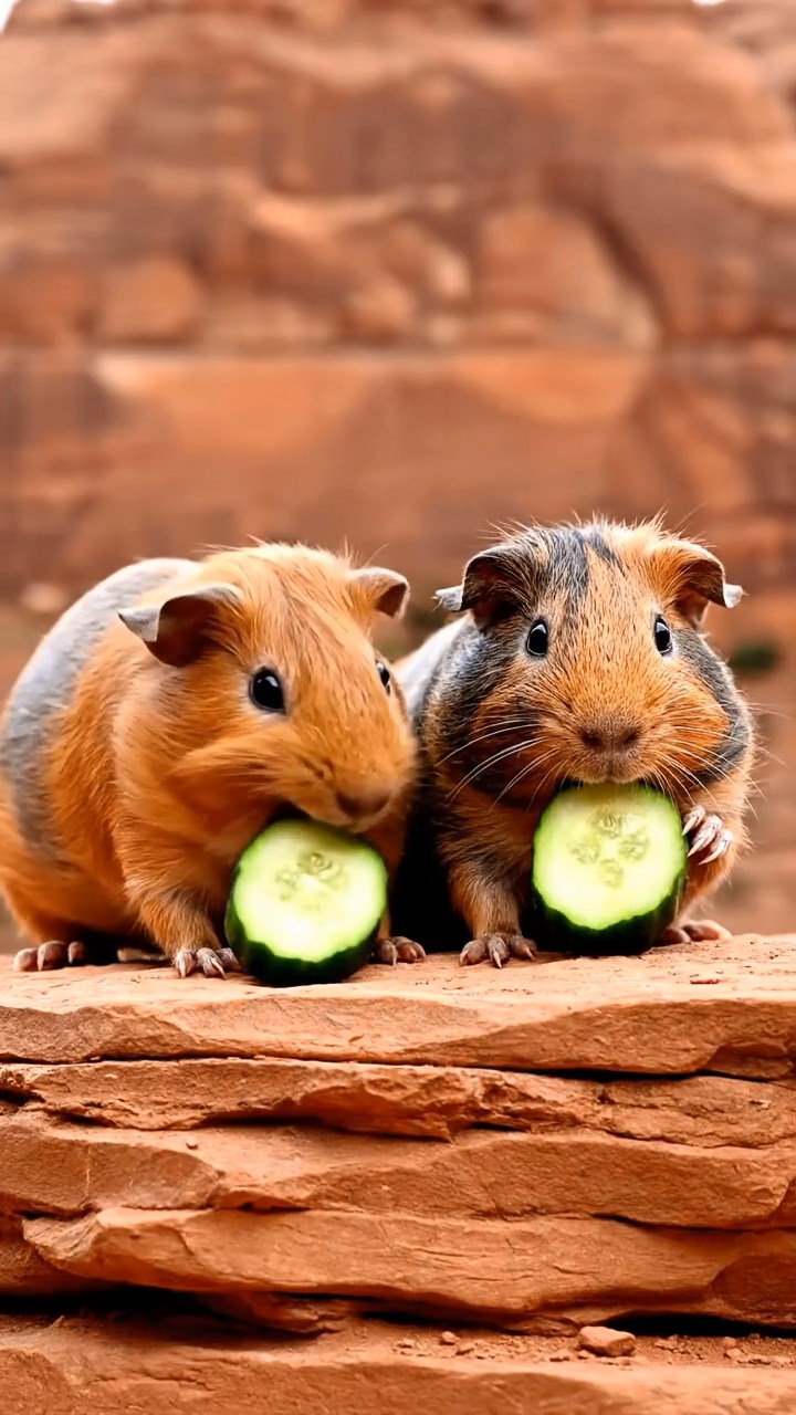 810. Photorealistic scene of 5 smooth-haired Teddy guinea pigs with Cream, Fawn, Sable, Gray, and Cinnamon fur, chewing plants in a lush meadow with wildflowers and a trickling stream, under soft morning light, capturing a realistic, serene pastoral moment.