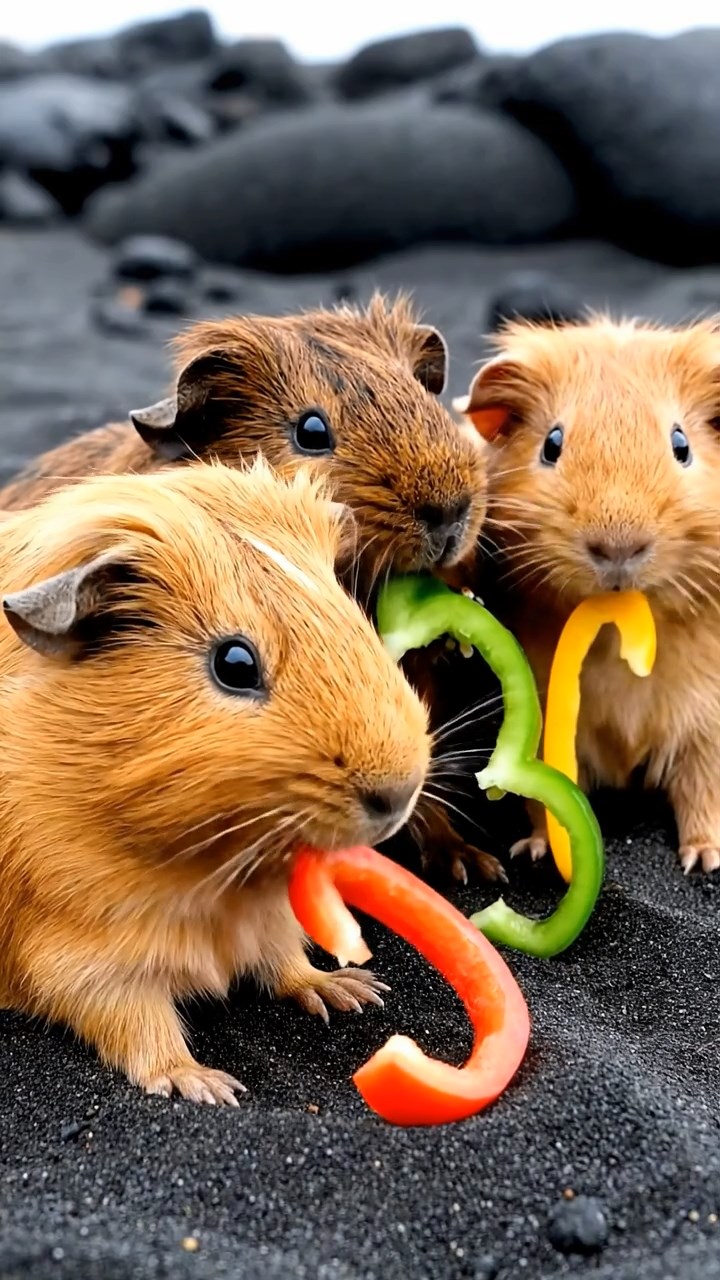 812. Realistic scene of 2 smooth-haired Californian guinea pigs with Orange and Black fur, dressed as farmers in tiny overalls, tending miniature crops in a guinea pig farm with hay bales and wooden fences, under warm sunlight, enhancing the lifelike, rustic atmosphere.