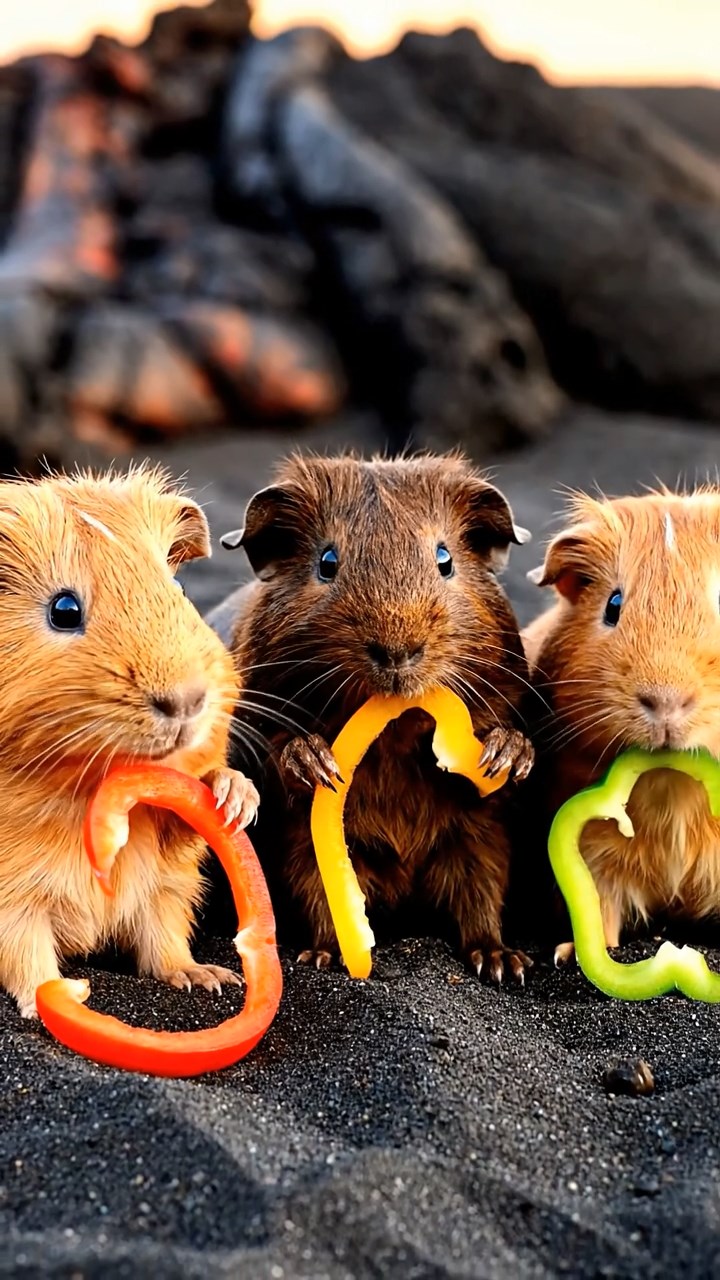 812. Realistic scene of 2 smooth-haired Californian guinea pigs with Orange and Black fur, dressed as farmers in tiny overalls, tending miniature crops in a guinea pig farm with hay bales and wooden fences, under warm sunlight, enhancing the lifelike, rustic atmosphere.