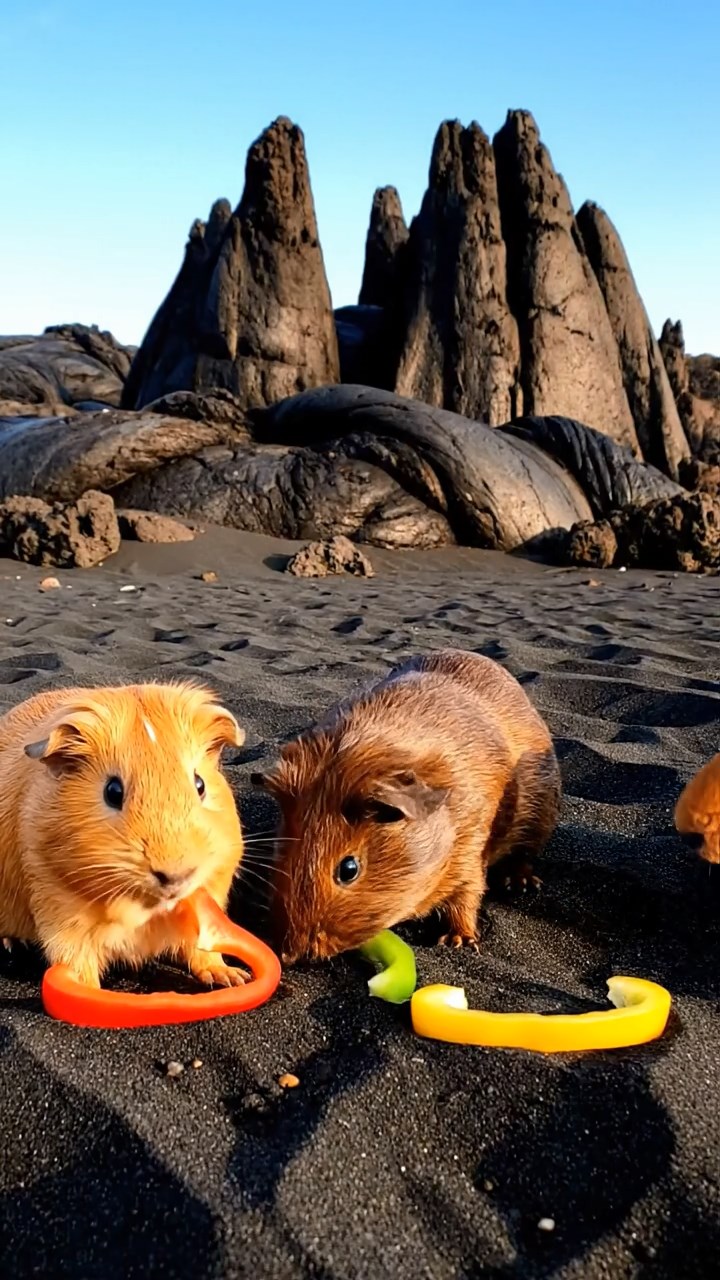 812. Realistic scene of 2 smooth-haired Californian guinea pigs with Orange and Black fur, dressed as farmers in tiny overalls, tending miniature crops in a guinea pig farm with hay bales and wooden fences, under warm sunlight, enhancing the lifelike, rustic atmosphere.
