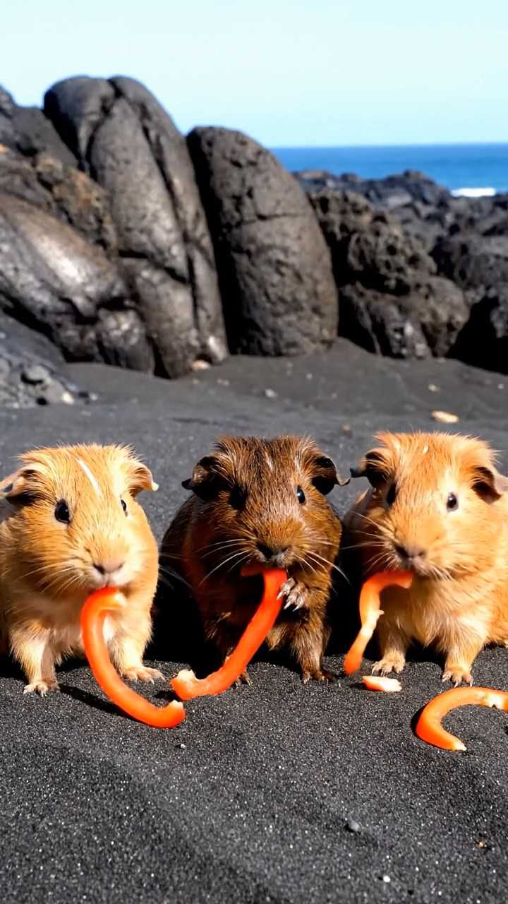 812. Realistic scene of 2 smooth-haired Californian guinea pigs with Orange and Black fur, dressed as farmers in tiny overalls, tending miniature crops in a guinea pig farm with hay bales and wooden fences, under warm sunlight, enhancing the lifelike, rustic atmosphere.