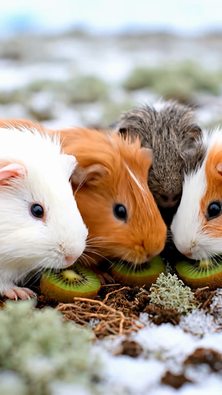 814. Photorealistic scene of 4 smooth-haired Teddy guinea pigs with Fawn, Chocolate, Cinnamon, and Sable fur, dressed as musicians in tiny vests, playing miniature violins in a guinea pig orchestra hall with hay seats and velvet curtains, under warm spotlights, capturing a realistic, elegant moment.