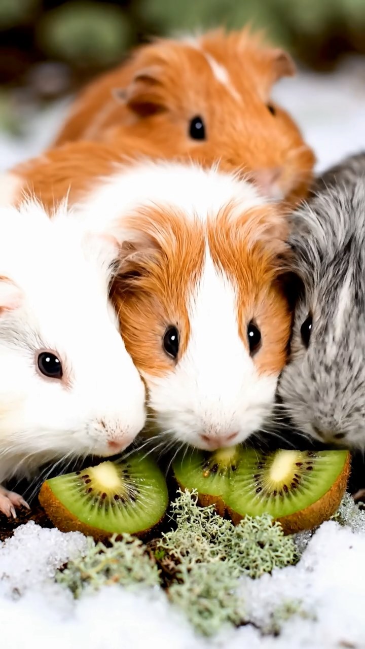 814. Photorealistic scene of 4 smooth-haired Teddy guinea pigs with Fawn, Chocolate, Cinnamon, and Sable fur, dressed as musicians in tiny vests, playing miniature violins in a guinea pig orchestra hall with hay seats and velvet curtains, under warm spotlights, capturing a realistic, elegant moment.