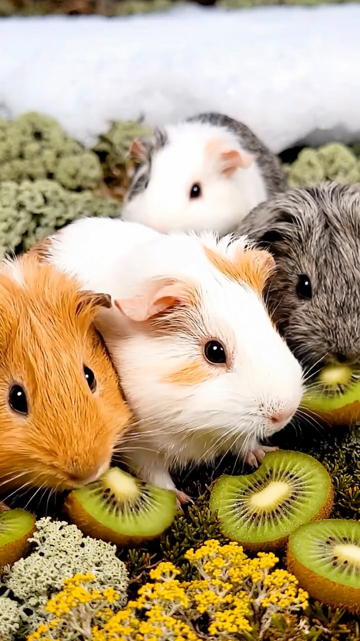 814. Photorealistic scene of 4 smooth-haired Teddy guinea pigs with Fawn, Chocolate, Cinnamon, and Sable fur, dressed as musicians in tiny vests, playing miniature violins in a guinea pig orchestra hall with hay seats and velvet curtains, under warm spotlights, capturing a realistic, elegant moment.