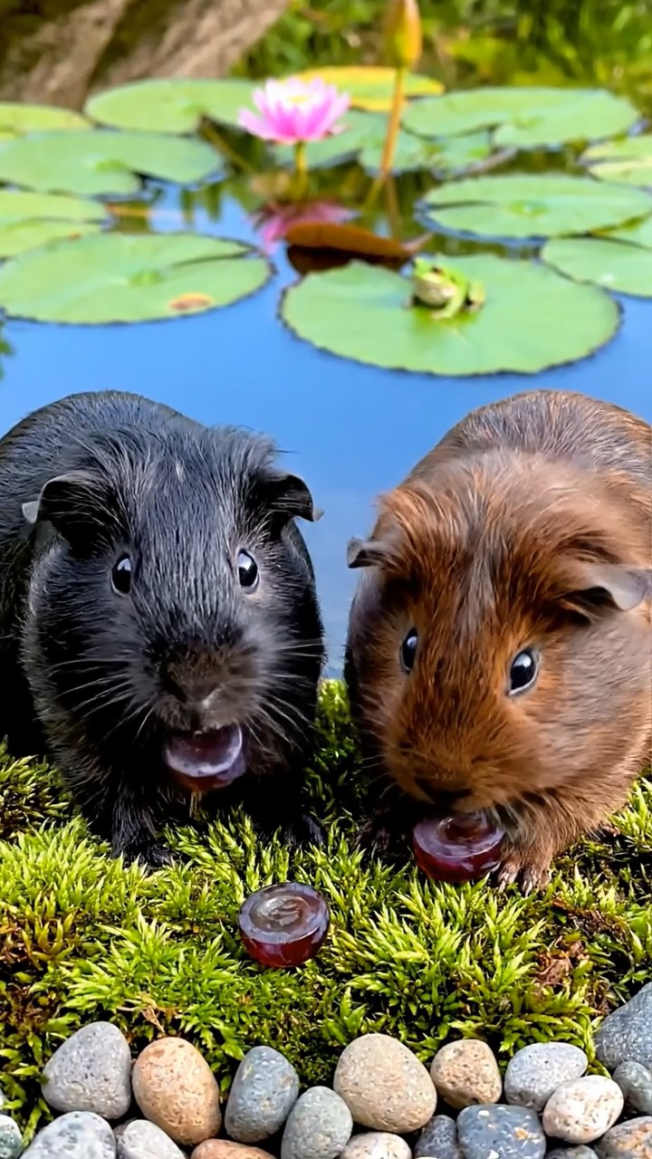 815. Highly detailed view of 5 smooth-haired Himalayan guinea pigs with White, Orange, Gray, Black, and Brown fur, snuggling for warmth in a cozy nest of grass and twigs in a tranquil meadow with wildflowers, under soft morning light, creating a realistic, heartwarming scene.