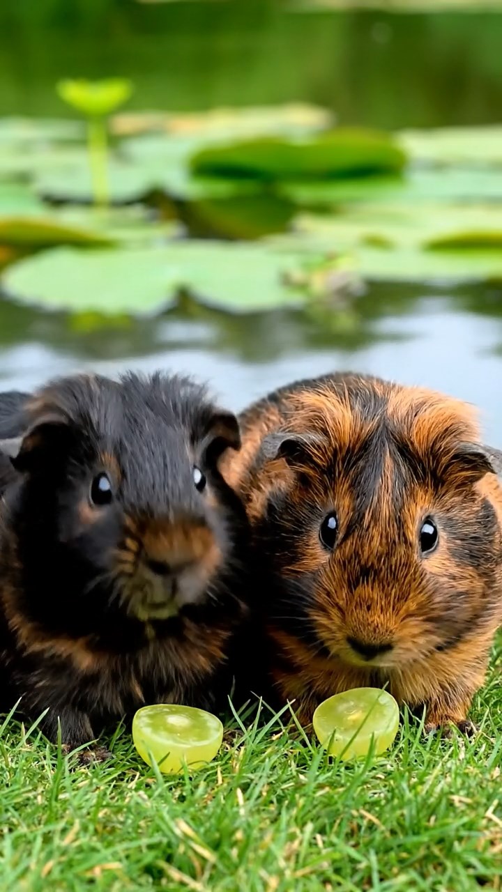 815. Highly detailed view of 5 smooth-haired Himalayan guinea pigs with White, Orange, Gray, Black, and Brown fur, snuggling for warmth in a cozy nest of grass and twigs in a tranquil meadow with wildflowers, under soft morning light, creating a realistic, heartwarming scene.