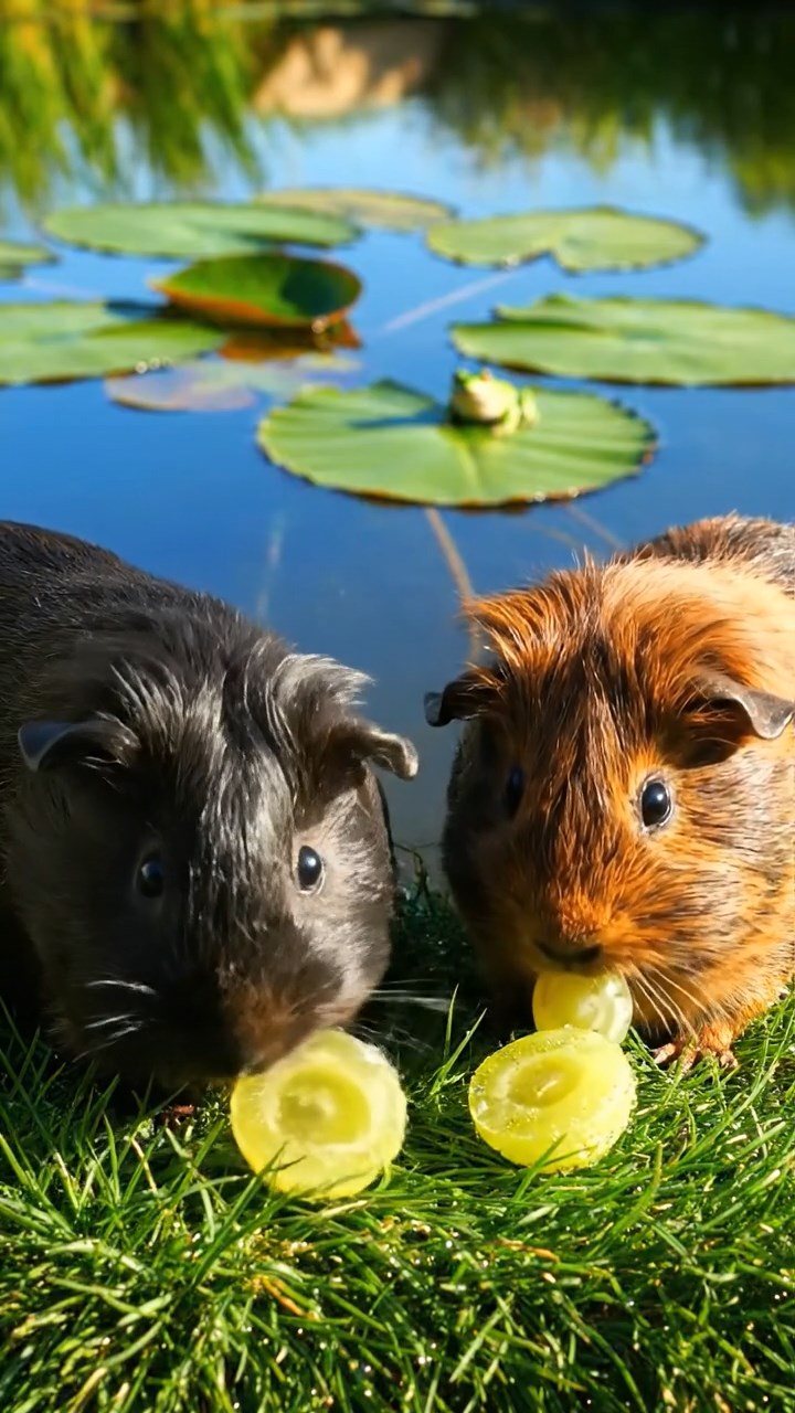 815. Highly detailed view of 5 smooth-haired Himalayan guinea pigs with White, Orange, Gray, Black, and Brown fur, snuggling for warmth in a cozy nest of grass and twigs in a tranquil meadow with wildflowers, under soft morning light, creating a realistic, heartwarming scene.