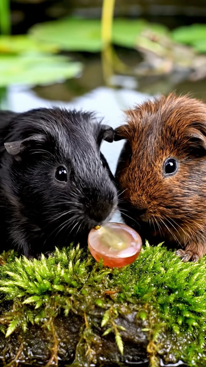 815. Highly detailed view of 5 smooth-haired Himalayan guinea pigs with White, Orange, Gray, Black, and Brown fur, snuggling for warmth in a cozy nest of grass and twigs in a tranquil meadow with wildflowers, under soft morning light, creating a realistic, heartwarming scene.