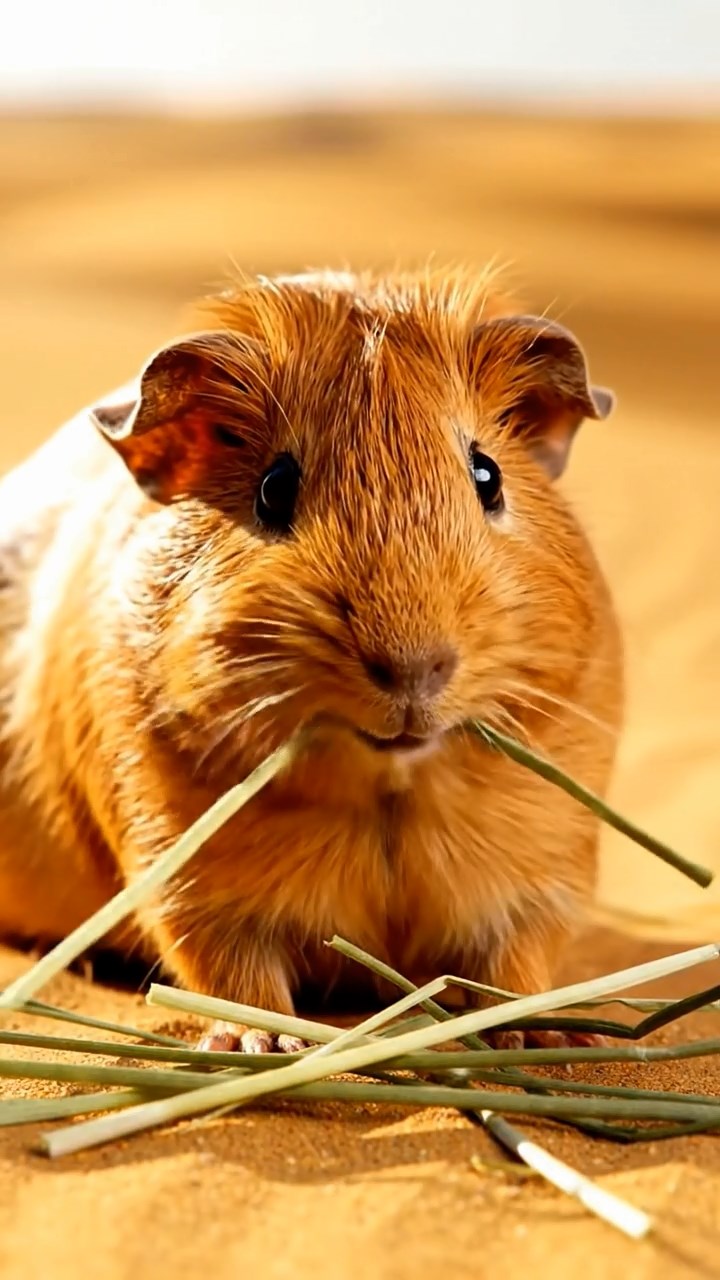 817. Detailed photo of 2 smooth-haired American guinea pigs with Fawn and Sable fur, dressed as bakers in tiny aprons, baking cupcakes in a guinea pig bakery with hay ovens and wooden counters, under soft lamplight, creating a realistic, cozy culinary scene.