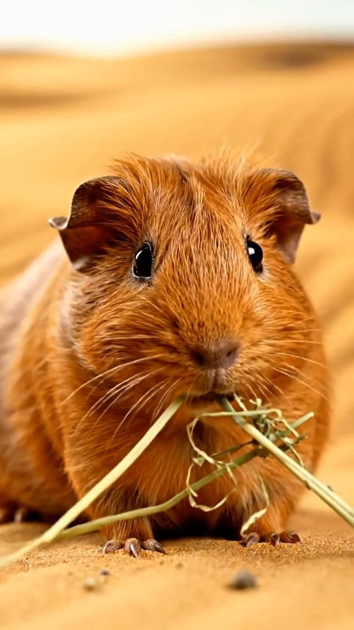 817. Detailed photo of 2 smooth-haired American guinea pigs with Fawn and Sable fur, dressed as bakers in tiny aprons, baking cupcakes in a guinea pig bakery with hay ovens and wooden counters, under soft lamplight, creating a realistic, cozy culinary scene.