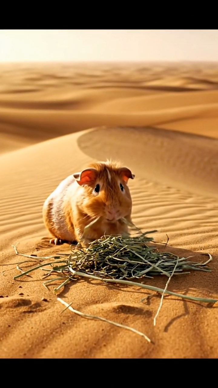 817. Detailed photo of 2 smooth-haired American guinea pigs with Fawn and Sable fur, dressed as bakers in tiny aprons, baking cupcakes in a guinea pig bakery with hay ovens and wooden counters, under soft lamplight, creating a realistic, cozy culinary scene.