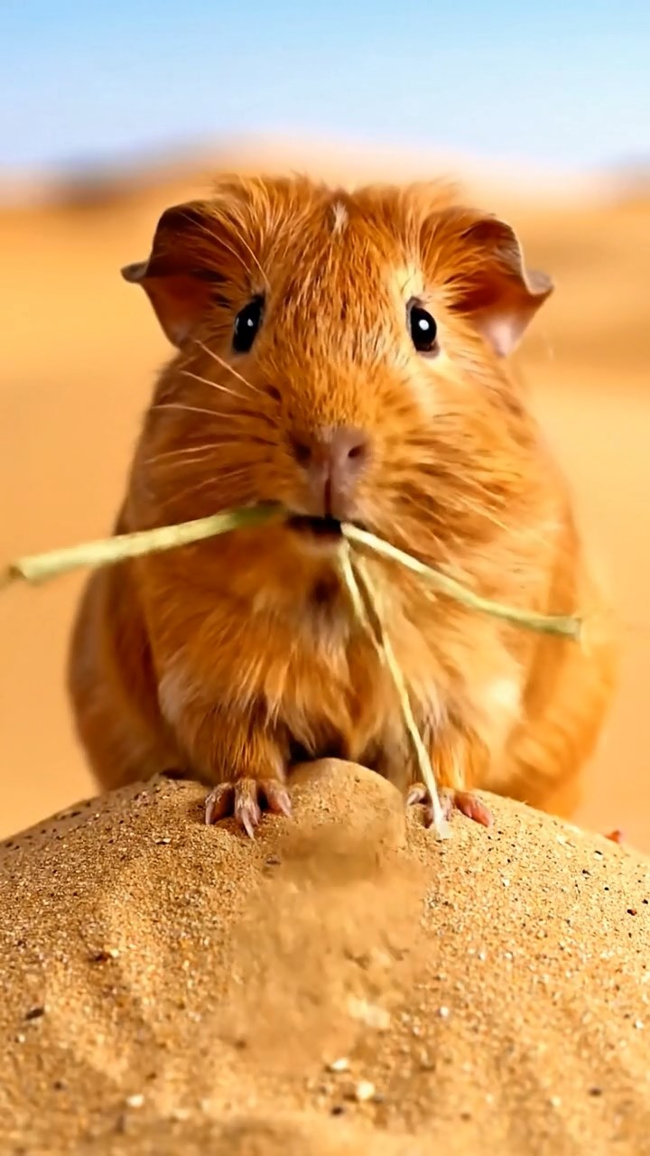 817. Detailed photo of 2 smooth-haired American guinea pigs with Fawn and Sable fur, dressed as bakers in tiny aprons, baking cupcakes in a guinea pig bakery with hay ovens and wooden counters, under soft lamplight, creating a realistic, cozy culinary scene.